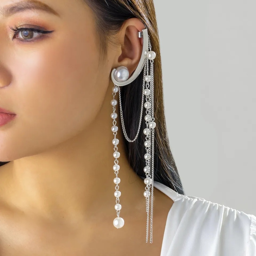 New long silver ear mono cuff with pearls